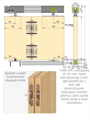 Összecsukható ablakpálya görgőkkel – fa ajtócsúszó sín, balra és jobbra tolható ajtókhoz, erkély elválasztó, teljes készlet