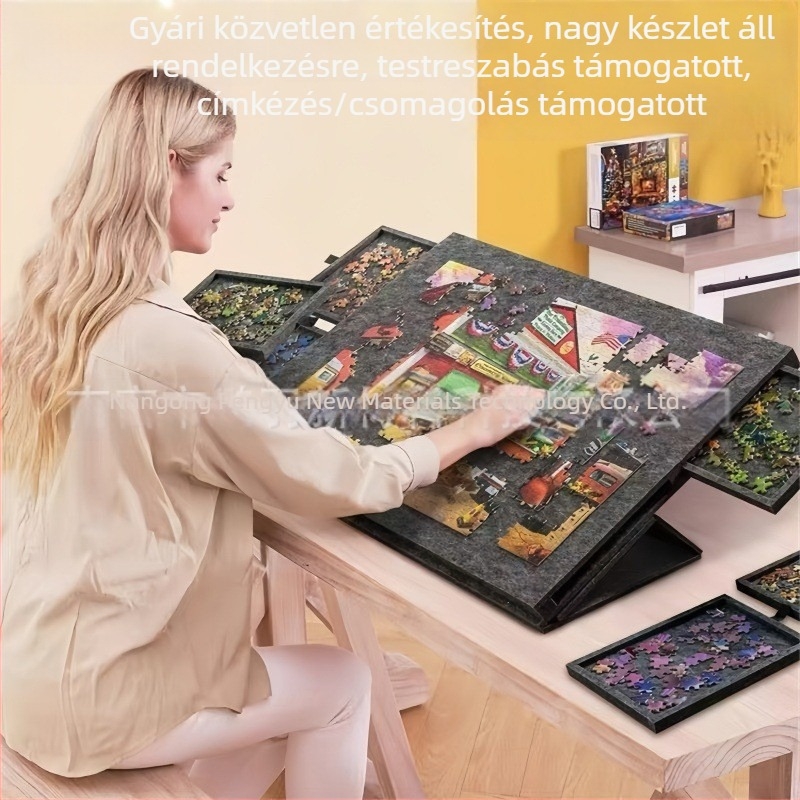 Döntött filc puzzle tábla állvánnyal és tetővel, 6 fiók, hordozható gyerekeknek való puzzle rendező tábla