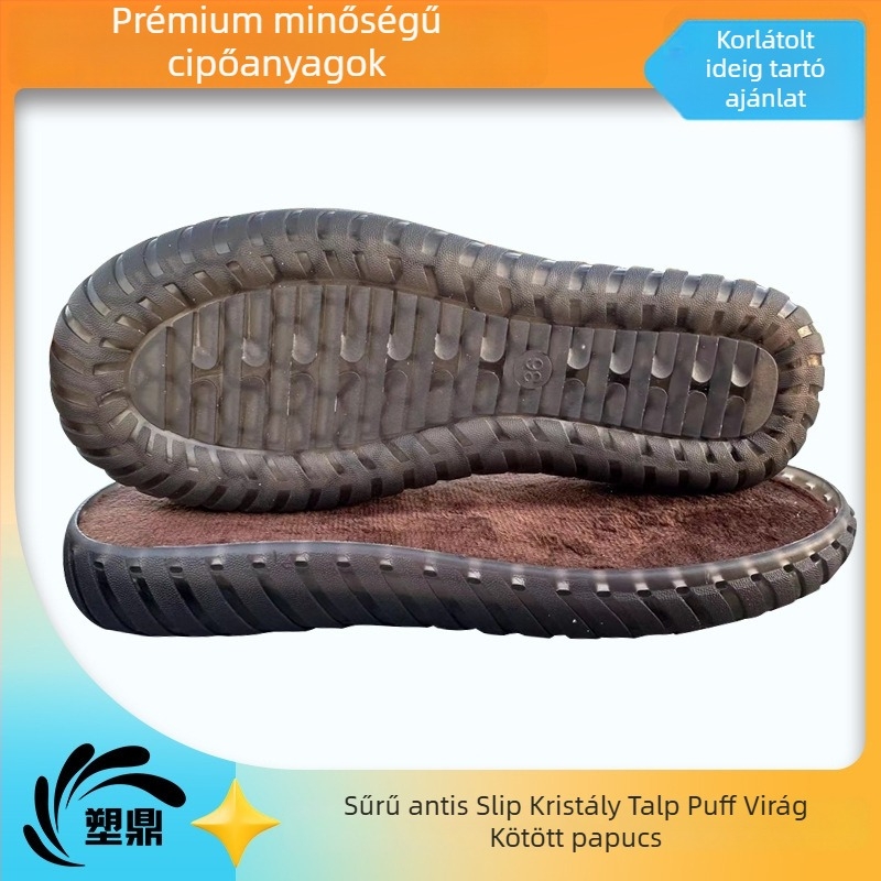 Horgolt puff virágos papucs kristályos talppal — PVC anyag, fonalas háló, Tendon Jelly dísz, egész éves viselet, szabadidős és elegáns közlekedés