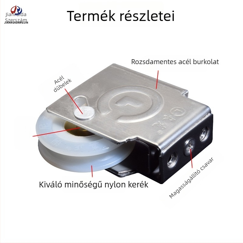 Ablak- és ajtó alsó sín görgő, rozsdamentes váz és rézmagú nylon kerék, Modell 90, teherbírás 56 kg