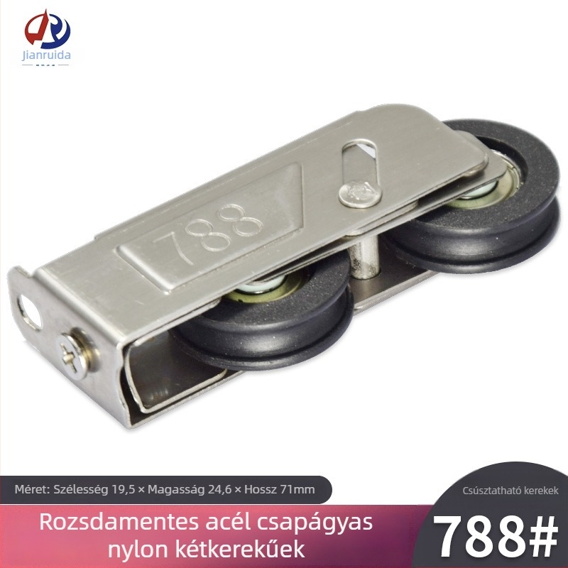 Tolóajtó görgő két kerékkel rozsdamentes acélból – modell 788; ház és csapágy rozsdamentes acélból; tengelyátmérő 16; maximális teher 56 kg; kötélcsatorna radiusz 9