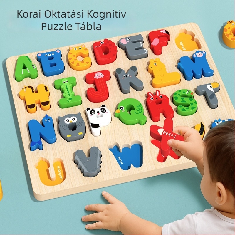 Fából készült oktató puzzle-darabok: számok és betűk, 3D formák illesztése, korai fejlesztéshez, 4–6 éveseknek.