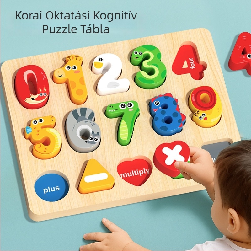 Fából készült oktató puzzle-darabok: számok és betűk, 3D formák illesztése, korai fejlesztéshez, 4–6 éveseknek.