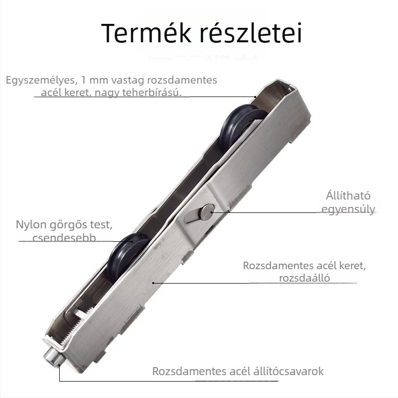 70-es modellű csúszó ajtó görgő, dupla kerékkel, 15 mm szélesség, 27 mm magas, 170 mm hosszú, teherbíró, csendes csapágyak, padlóra szerelhető