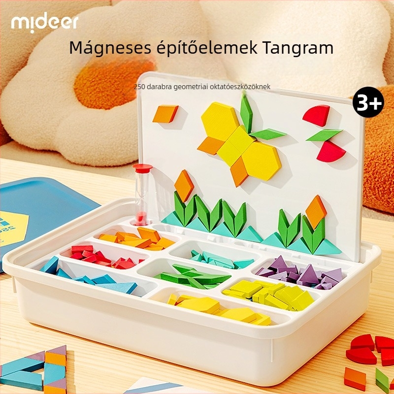 Fából készült mágneses geometriai építőelemekből álló puzzle gyerekeknek, DIY többfunkciós síkpanel, 4–6 évesek, Mideer/Milu