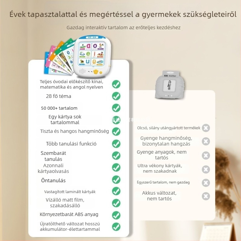 Kártyás, kétnyelvű olvasási és tanulási eszköz; angol–kínai; zene és hang lejátszás; memória nélküli; 0–3 éveseknek
