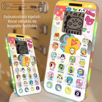 Oktatási játéktelefon LCD kijelzővel, zene/hang, zseblámpa, USB töltés, műanyag