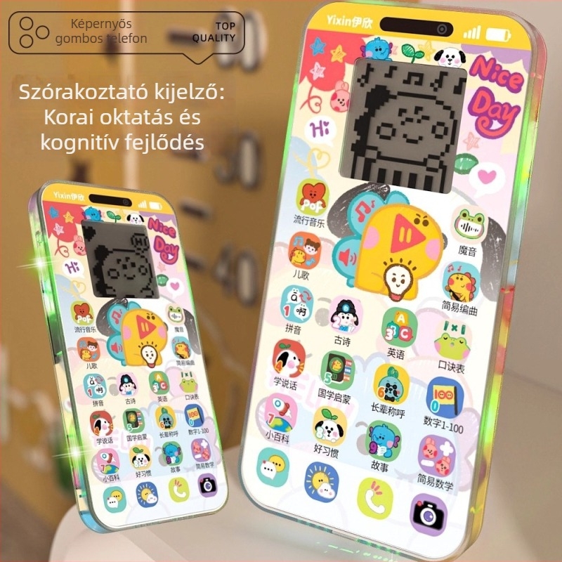Oktatási játéktelefon LCD kijelzővel, zene/hang, zseblámpa, USB töltés, műanyag