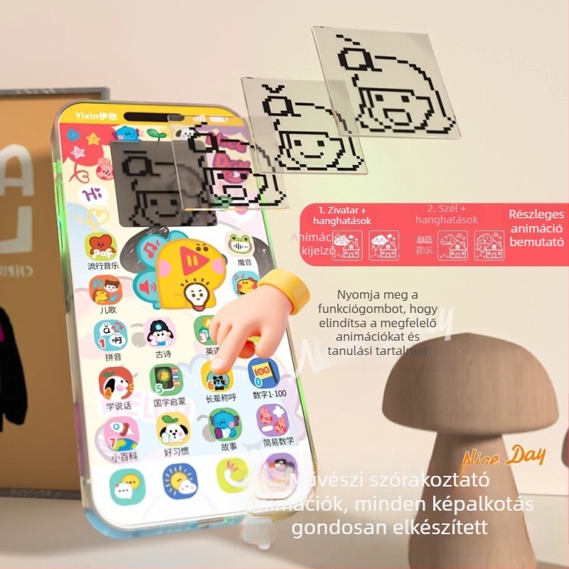 Oktatási játéktelefon LCD kijelzővel, zene/hang, zseblámpa, USB töltés, műanyag