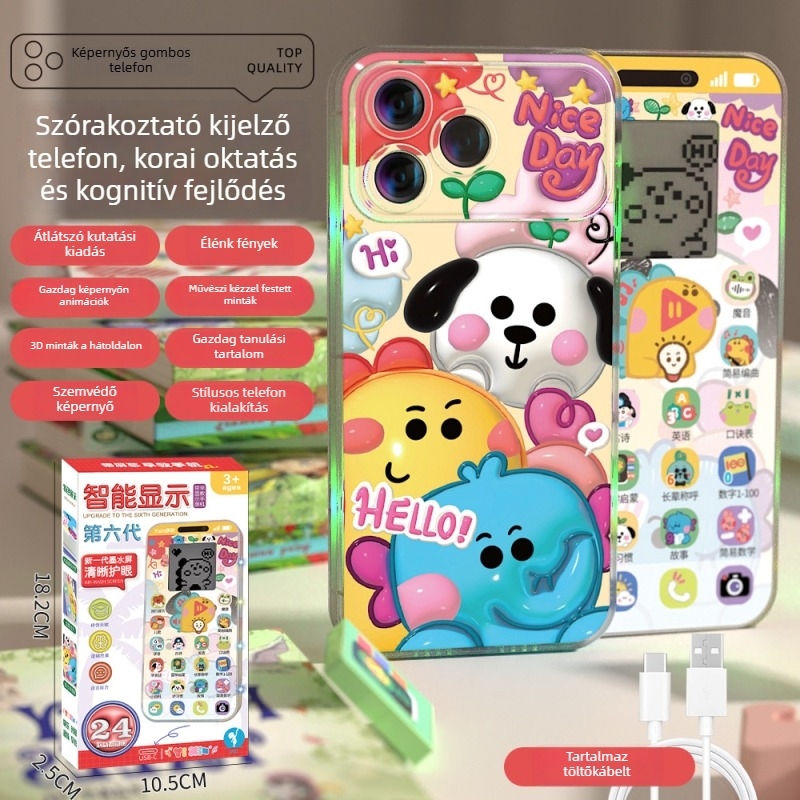 Oktatási játéktelefon LCD kijelzővel, zene/hang, zseblámpa, USB töltés, műanyag