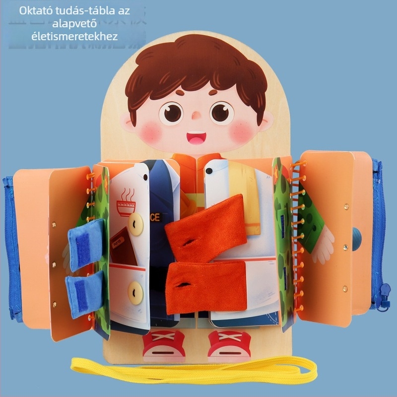 Fa Montessori többrétegű foglalkoztató tábla, gombokkal és cipzárakkal a finom motoros készségek fejlesztéséhez, 4–6 éveseknek.