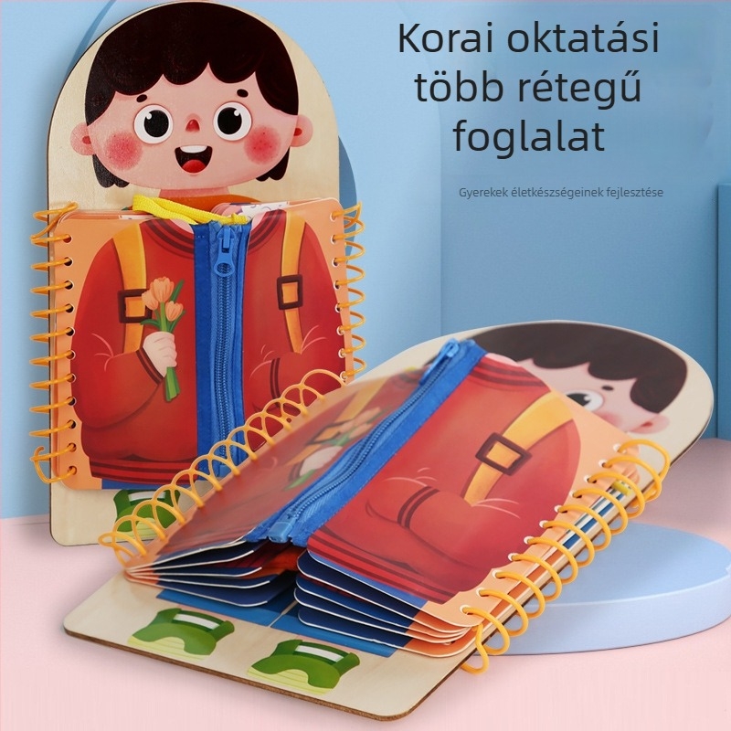 Fa Montessori többrétegű foglalkoztató tábla, gombokkal és cipzárakkal a finom motoros készségek fejlesztéséhez, 4–6 éveseknek.