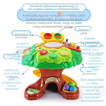 Abelu Bölcs Fa Játékasztal óvodásoknak — zene, fényvetítés és interaktív szülő-gyermek játékok; ABS anyag; elemes működés; 4–6 éveseknek