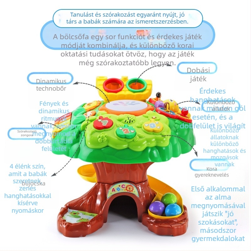 Abelu Bölcs Fa Játékasztal óvodásoknak — zene, fényvetítés és interaktív szülő-gyermek játékok; ABS anyag; elemes működés; 4–6 éveseknek