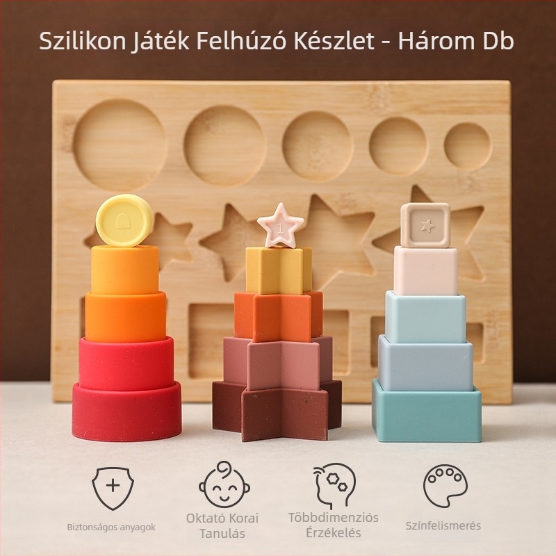 Szilikon rágcsálható babapuzzle, oktatási háromdimenziós halmozó játék, 0–3 éveseknek