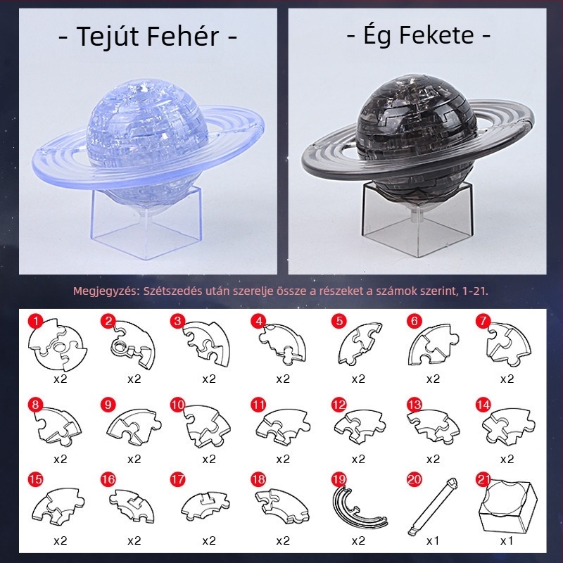 3D Saturn kristályos puzzle modell, műanyag, DIY gyerekeknek 4–6 éveseknek
