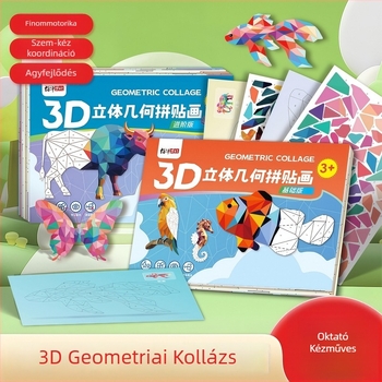 3D geometriai kollázs gyerekeknek, fiúknak és lányoknak, kézműves oktató játék DIY matricákkal, korai oktatás és koncentráció fejlesztése