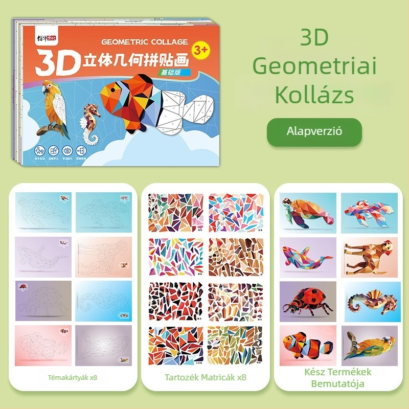 3D geometriai kollázs gyerekeknek, fiúknak és lányoknak, kézműves oktató játék DIY matricákkal, korai oktatás és koncentráció fejlesztése