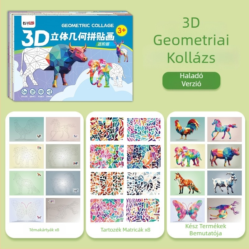 3D geometriai kollázs gyerekeknek, fiúknak és lányoknak, kézműves oktató játék DIY matricákkal, korai oktatás és koncentráció fejlesztése