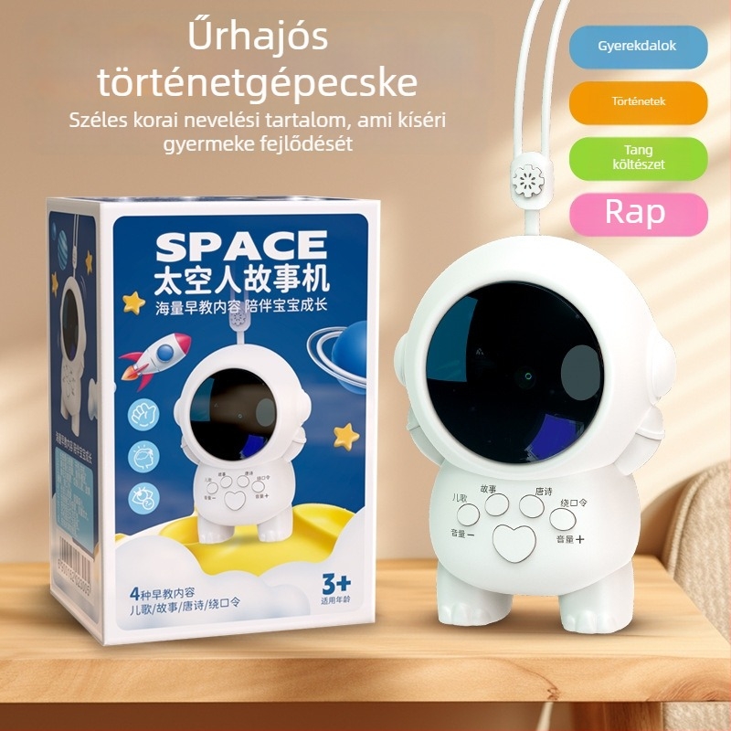 Asztronauta történetgép — Gyerekeknek oktató játék, újratölthető, zene/hang funkció, műanyag kivitel, lítium akkumulátor, 4–6 éveseknek