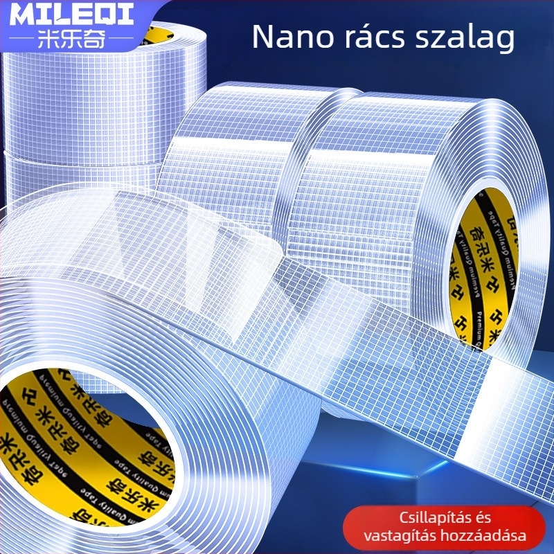 Nano rácsos kétoldalas szalag, átlátszó, mosható akril ragasztóval; magas viszkozitás, erős tapadás, -20°C-tól 80°C-ig.