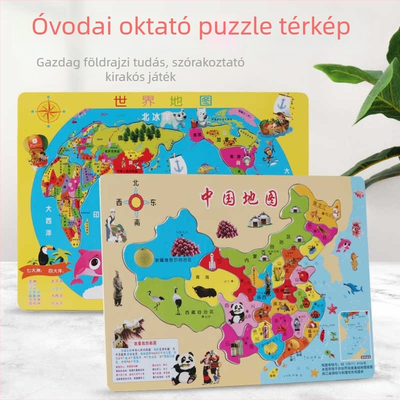 Fából készült világ térkép puzzle gyerekeknek, oktatási földrajz játék, 4–6 éveseknek