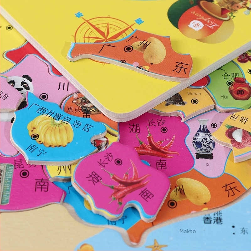 Fából készült világ térkép puzzle gyerekeknek, oktatási földrajz játék, 4–6 éveseknek