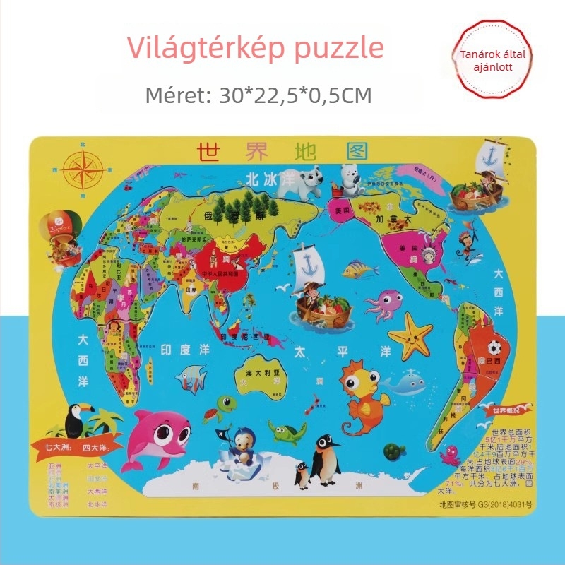 Fából készült világ térkép puzzle gyerekeknek, oktatási földrajz játék, 4–6 éveseknek