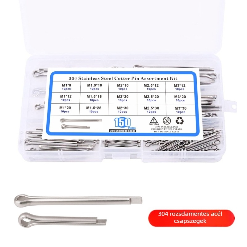 150 db cotter pin rozsdamentes acél 304, GB91 szabvány, készlet dobozban, felületkezelés nélkül