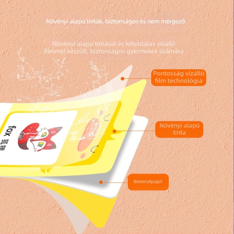 Kézben tartható szófejlesztő eszköz hanggal és gyerekdalokkal; ABS ház; 1 GB memória; lítium akkumulátor; 4–6 éveseknek