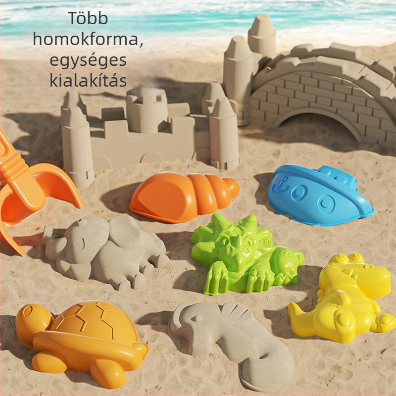 Gyerekeknek partszakas homokozó játékok készlet: ásó, vödör és homokórás időmérő – műanyag homokozó eszközök 4–6 éveseknek