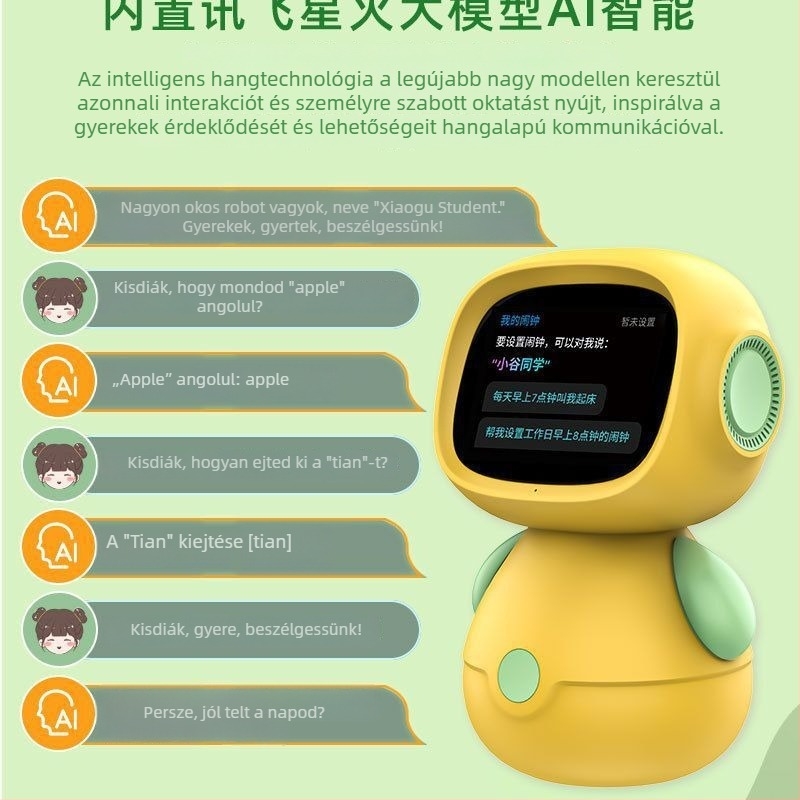 AI-alapú oktató interaktív robot hangalapú párbeszéddel — tanulás történeteken és mondókákon, LCD-kijelző, beszédfelismerés, zenelejátszás, érzelmi interakció, akkumulátoros működéssel 7–14 éveseknek.