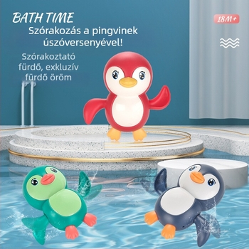Pingvin alakú fürdőjáték felhívó mechanizmussal (Anyag: műanyag; Mechanizmus: felhúzható; Korosztály: 0–3 év)
