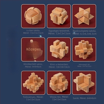 Fából készült Kong Ming/Luban lock – kilenc láncszemes logikai játék készlet, ajándékdoboza, 14 év alatti gyermekek számára