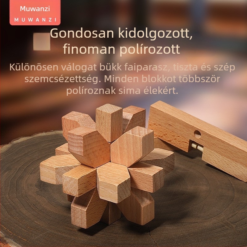 Fából készült Kong Ming/Luban lock – kilenc láncszemes logikai játék készlet, ajándékdoboza, 14 év alatti gyermekek számára