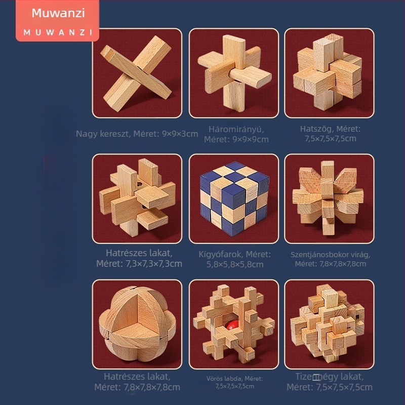 Fából készült Kong Ming/Luban lock – kilenc láncszemes logikai játék készlet, ajándékdoboza, 14 év alatti gyermekek számára