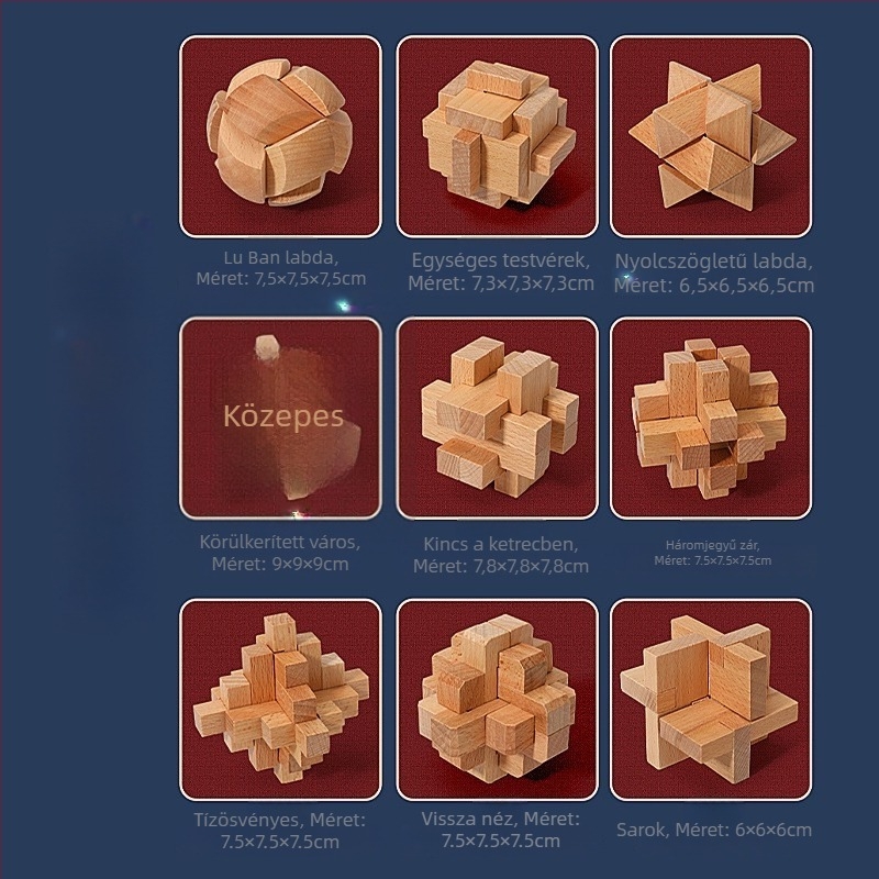 Fából készült Kong Ming/Luban lock – kilenc láncszemes logikai játék készlet, ajándékdoboza, 14 év alatti gyermekek számára