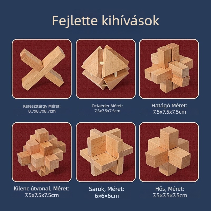 Fából készült Kong Ming/Luban lock – kilenc láncszemes logikai játék készlet, ajándékdoboza, 14 év alatti gyermekek számára