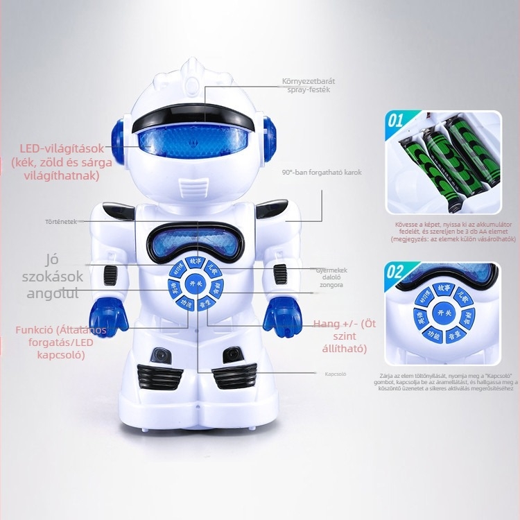 T1 intelligens korai oktatási robot történetgép, multifunkcionális autóval • Anyag: ABS • Áramellátás: elemmel • 4–6 éveseknek megfelelő • Funkciók: elektromos, villanás, zene/hang