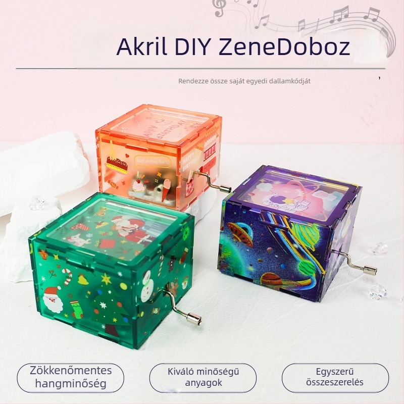 Akril kézi tekerésű zenei doboz, testreszabható, modern művészeti dizájn, logónyomtatás elérhető