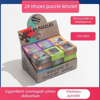 Intelligens kinyitás: 24 darabos fém puzzle készlet, kilenc gyűrű, egyedi csomagolású dobozban, 7-14 éveseknek
