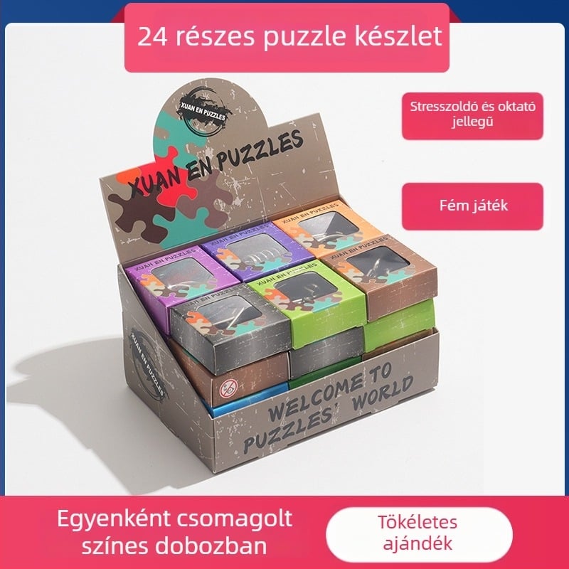 Intelligens kinyitás: 24 darabos fém puzzle készlet, kilenc gyűrű, egyedi csomagolású dobozban, 7-14 éveseknek