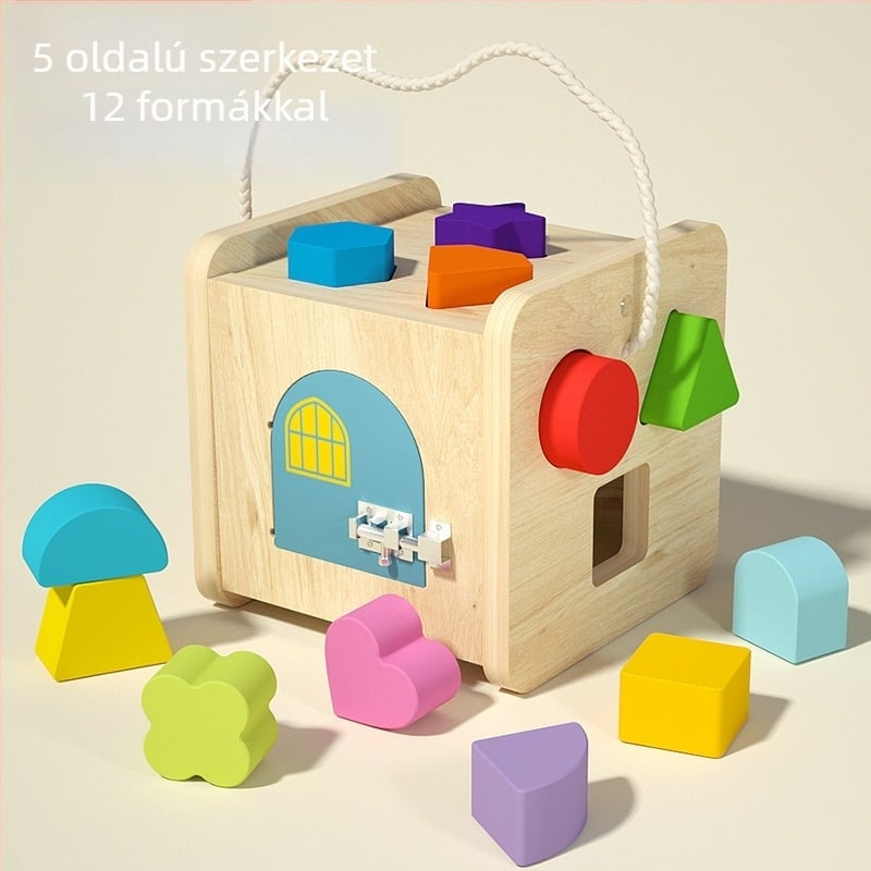 Faanyagú többfunkciós geometriai formaillesztő kocka gyerekeknek 4–6 éveseknek (Személyre szabható: Igen; Feldolgozás: Logo OEM)