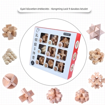 Fából készült Kongming/Luban Lock 9-darabos készlet — oktató rejtvényes kinyitási feladat 7–14 éveseknek