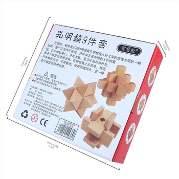 Fából készült Kongming/Luban Lock 9-darabos készlet — oktató rejtvényes kinyitási feladat 7–14 éveseknek