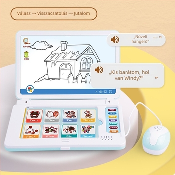 Gyermekeknek szánt tanuló gép kártyaolvasóval, projekcióval és rajztáblával; memória 1 GB-ig; működik hagyományos száraz elemekről; 4–6 éveseknek.