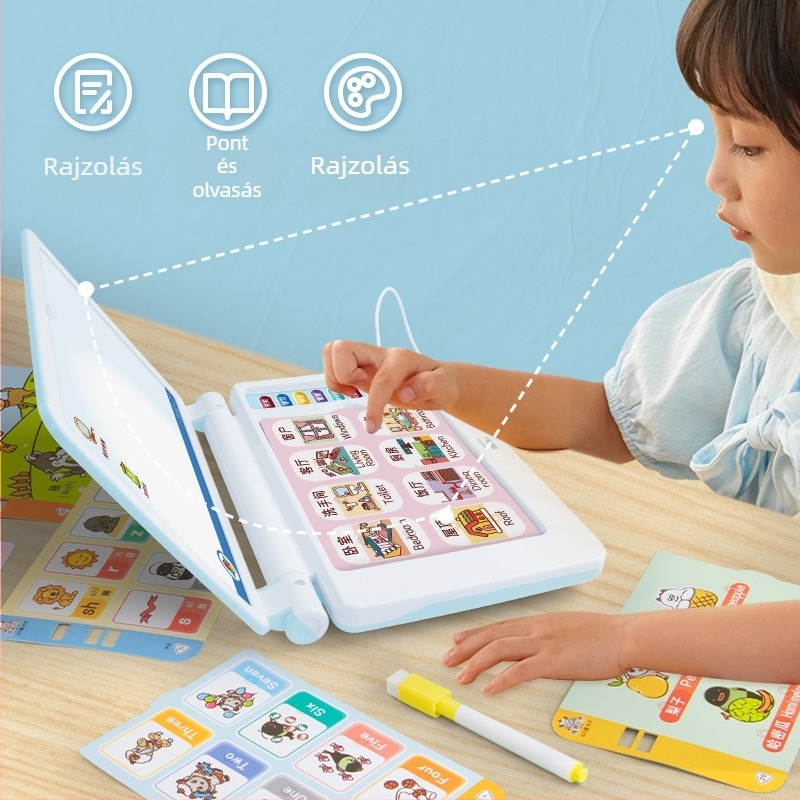 Gyermekeknek szánt tanuló gép kártyaolvasóval, projekcióval és rajztáblával; memória 1 GB-ig; működik hagyományos száraz elemekről; 4–6 éveseknek.
