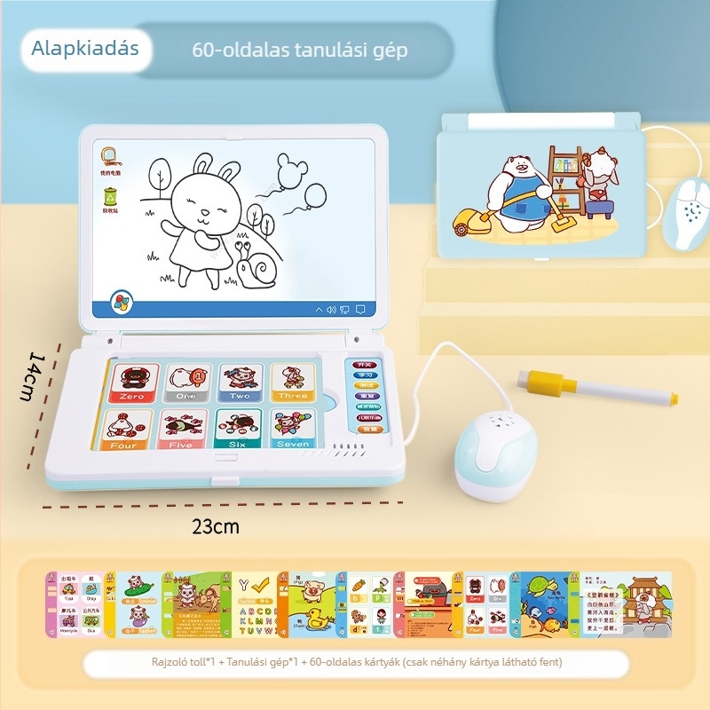 Gyermekeknek szánt tanuló gép kártyaolvasóval, projekcióval és rajztáblával; memória 1 GB-ig; működik hagyományos száraz elemekről; 4–6 éveseknek.