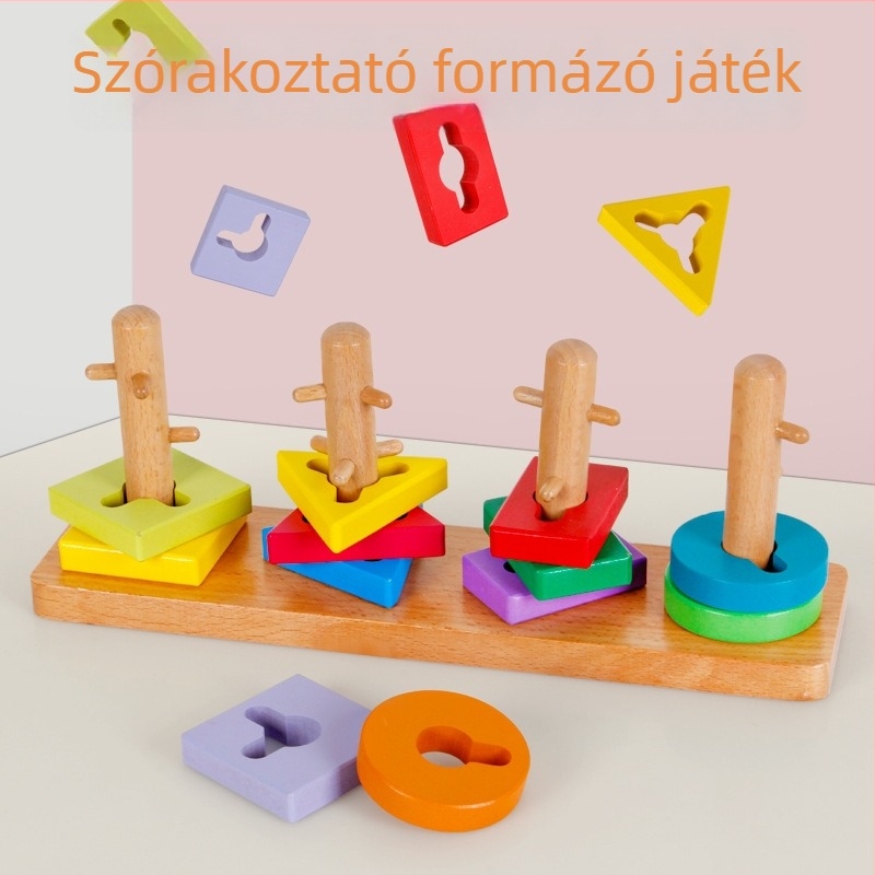 Fából készült négyoszlopos építőjáték – formák kinyitását segítő készlet, Bobby, 4–6 éveseknek