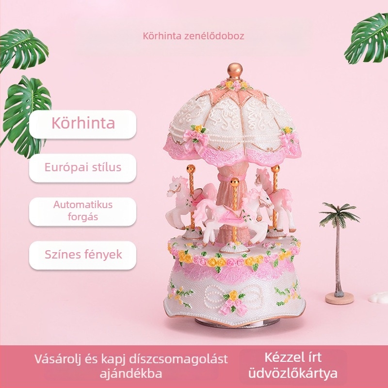 Forgó karusszel zenélő doboz – kis dekoratív dísz gyermekeknek születésnapra vagy Valentin-napra